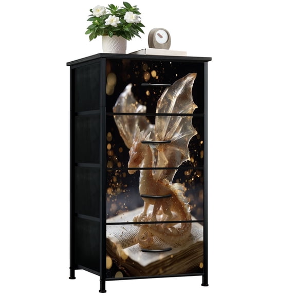 Magic Dresser for Bedroom with 4 Storage Drawers Magical Dragon Book Glow Golden whimsical Dressers Chest of Drawers Steel Framed Fabric Closet Organizers for Boys Bedroom Entryway Livingroom