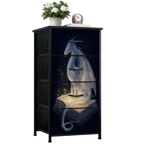 Magic Dresser for Bedroom with 4 Storage Drawers Magical Dragon Mystical Book Sparkling Dressers Chest of Drawers Steel Framed Fabric Closet Organizers for Boys Bedroom Entryway Livingroom