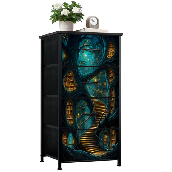 Magic Dresser for Bedroom with 4 Storage Drawers Tree Library Interior Staircase Glowing Fireflies Magical Fantasy Dressers Chest of Drawers Steel Framed Fabric Closet Organizers for Dorm Entryway