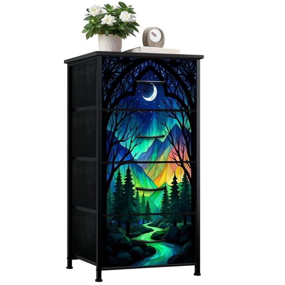 Magic Dresser for Bedroom with 4 Storage Drawers Vibrant Northern Lights Mountain Landscape Crescent Moon Forest River Dressers Chest of Drawers Steel Framed Fabric Closet Organizers for Dorm