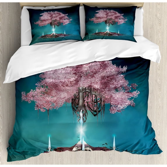Ambesonne Tree Duvet Cover Set, Pink Blossom Art, Queen, Lilac Petrol Blue