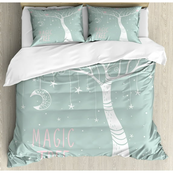 Magic Duvet Cover Set, Magic Plant with Stars and Moon Hanging on Branches Simplistic Illustration, Decorative 3 Piece Bedding Set with 2 Pillow Shams, Queen Size, Almond Green White, by Ambesonne