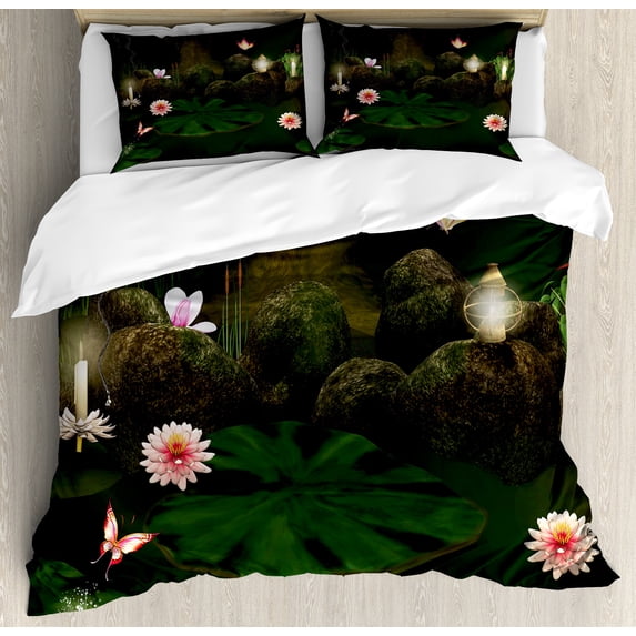 Magic Duvet Cover Set, Secret Place Deep Dark in Forest with Butterflies and Flowers Image, Decorative 3 Piece Bedding Set with 2 Pillow Shams, King Size, Green Brown, by Ambesonne
