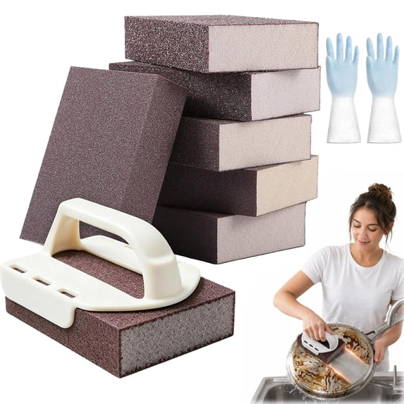 Magic Emery Cleaning Sponge with Detachable Handle, Heavy-Duty Abrasive Scrubber for Pots, Pans, Stovetops and Rust, Kitchen Scouring Pad for Cookware Cleaning