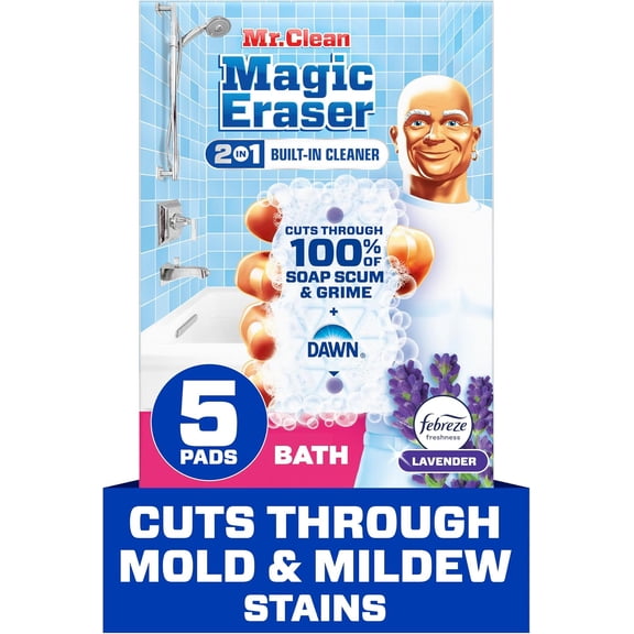 Magic Eraser Sponge, Bathroom Cleaner, Shower Cleaner, Tub Cleaner, Soap Scum Remover, Bathroom Cleaning plies, Dawn Cleaning Power with Lavender Scent, 5ct
