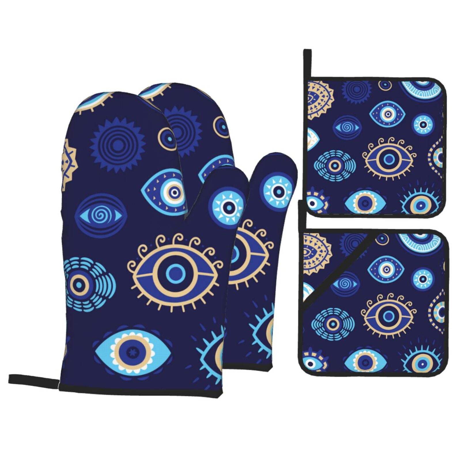 Magic Evil Eyes 4Pcs Oven Mitts and Pot Holders Sets Oven Kitchen Gloves Hot Pads for Cooking BBQ Baking Grilling