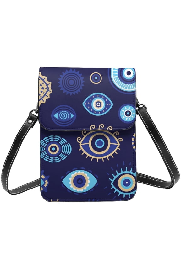 Magic Evil Eyes Cell Phone Purse Small Crossbody Bag with Strap Credit Card Slots Leather Shoulder Wallet for Women