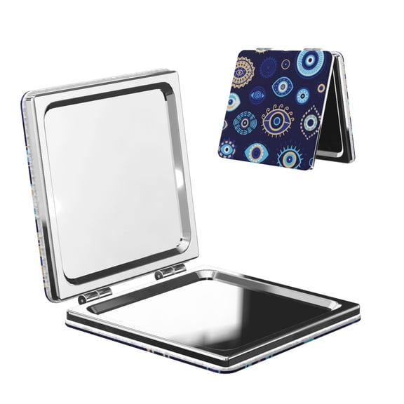 Magic Evil Eyes Portable Double-Sided Face Mirror Square, Magnifying Compact Pocket Mirror with PU Leather Cover