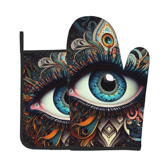 Magic Evil Eyes Psychedelic 2Pcs Oven Mitts and Pot Holders Set Kitchen Glove & Trivet Hot Pads for Cooking Baking BBQ Grilling