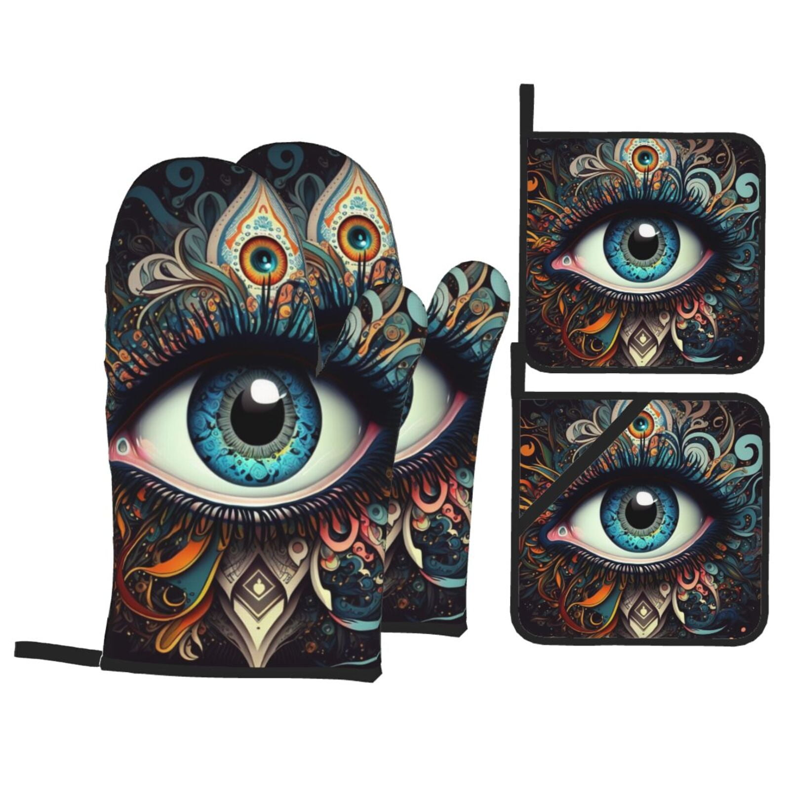 Magic Evil Eyes Psychedelic 4Pcs Oven Mitts and Pot Holders Sets Oven Kitchen Gloves Hot Pads for Cooking BBQ Baking Grilling