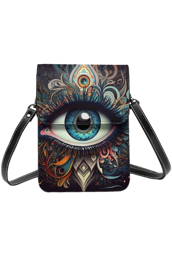 Magic Evil Eyes Psychedelic Cell Phone Purse Small Crossbody Bag with Strap Credit Card Slots Leather Shoulder Wallet for Women