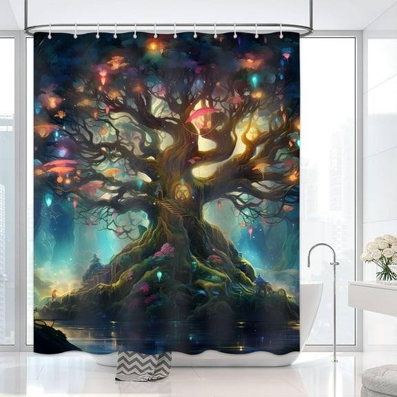 Magic Fairy Tale Tree Shower Curtain for Bathroom, Trippy Tree Hippie Shower Curtain Set Waterproof Fabric Bathtub Curtain Decor with 12 Hooks, 72x72 inches