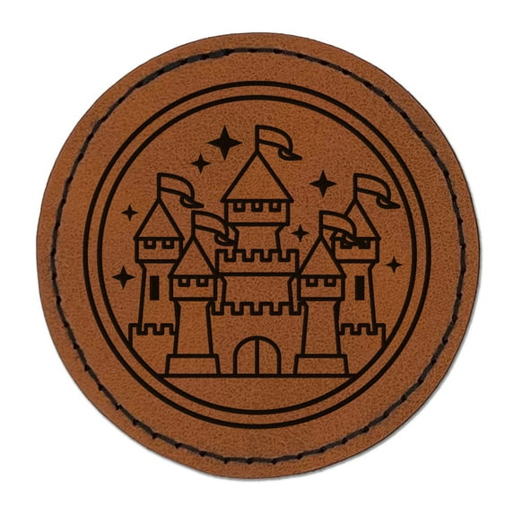 Magic Fairytale Castle 2.5" Faux Leather Round Engraved Iron-On Patch - Brown