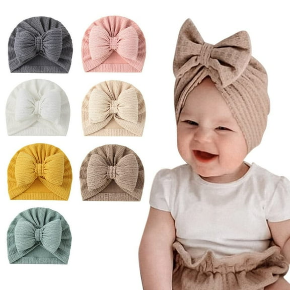 Magic Feier 7PCS Baby Turban Hats, Baby Girl Newborn Beanie Bonnet with Big Hair Bow Infant Toddler Baby Hospital Baby Hat