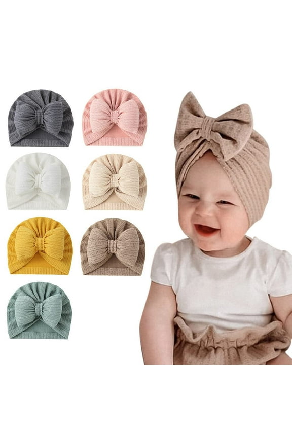 7PCS Baby Turban Hats, Baby Girl Newborn Beanie Bonnet with Big Hair Bow Infant Toddler Baby Hospital Baby Hat