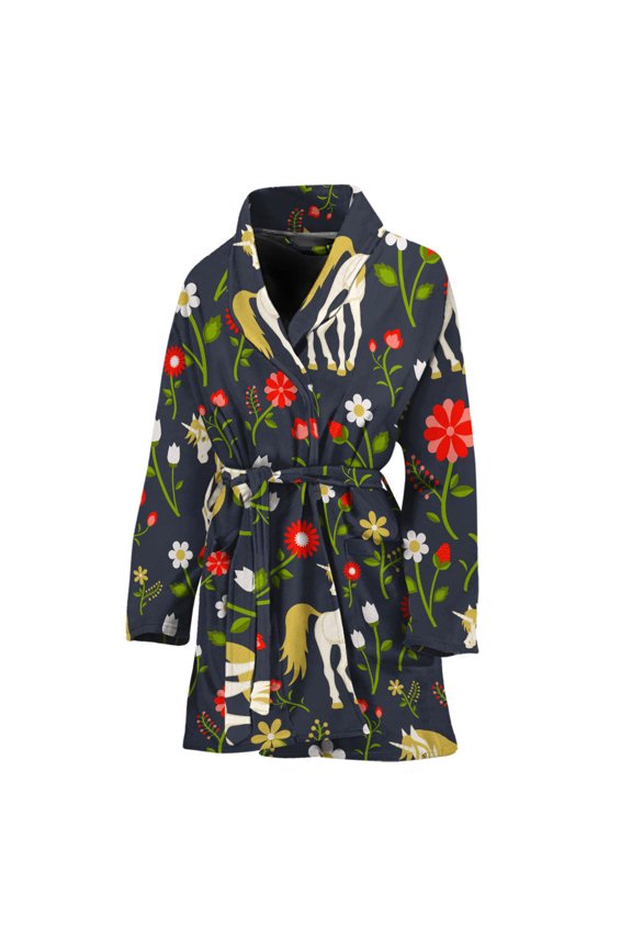 Magic Floral Unicorn Pattern Women Bathrobe One Size Univeral Fits Fashion Lightweight Plush Fleece Long Robe For Women