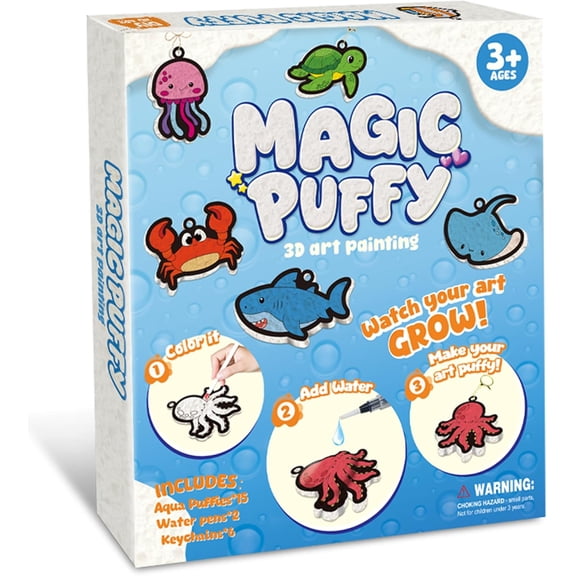 Magic Foam Texture Painting Kit for Kids, 3D Aqua Magic Puffs Paint by Number Craft Set, Marine Animals Art Kit with Markers and Keychains, Gift Ages 3-10