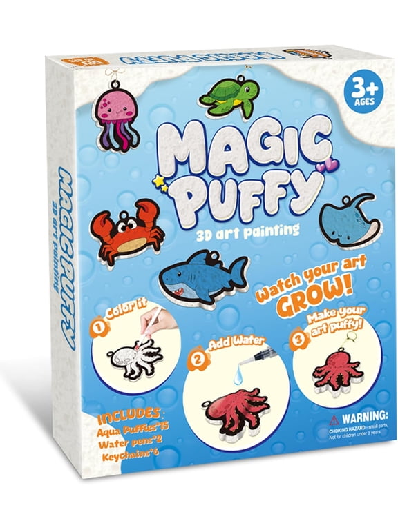 Magic Foam Texture Painting Kit for Kids, 3D Aqua Magic Puffs Paint by Number Craft Set, Marine Animals Art Kit with Markers and Keychains, Gift Ages 3-10