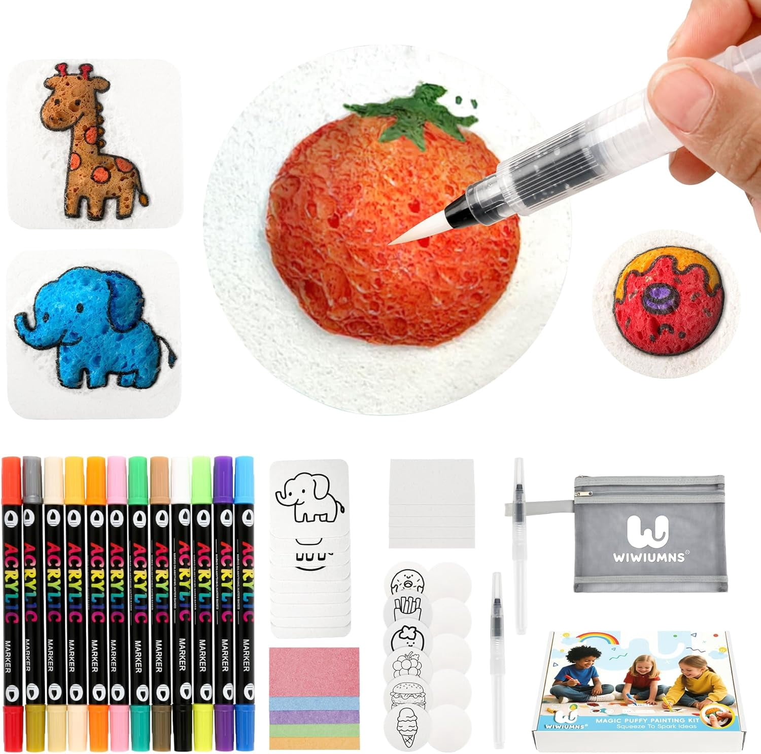 Magic Foam Texture Painting Kit for Kids Ages 6-10, 67-Piece 3D Puffy Art Set with 30 Foam Sheets, 24-Color Acrylic Markers, 2 Water Brushes and Storage Bag