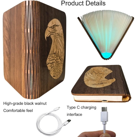 Magic Foldable Book Lamp, 6 Colors Adjustable Reading Novelty LED Mood Book-Shaped Paper Light, USB Rechargeable Wooden 360 Shaped Lamp for Creative Home Decor Gift (Walnut)