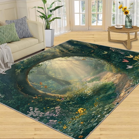Magic Forest Area Rug, Woodland Jungle Washable Rug, Non Slip Low Pile Carpet for Living Room Bedroom Home Decor 2x3ft