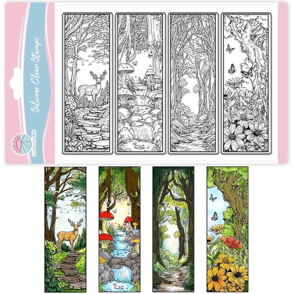 Magic Forest Bookmarks Clear Stamps for Card Making Forest Path Silicone Clear Stamp Forest Deer Transparent Stamp Seal for Scrapbooking Embossing Photo Album Decor colorful DIY