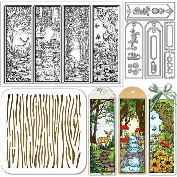 Magic Forest Bookmarks Clear Stamps Cutting Dies PET Painting Stencils for Card Making Flowers Tags Silicone Stamp Wood Grain Background Die Cuts PET Paint Stencils for DIY Scrapbooking Gray