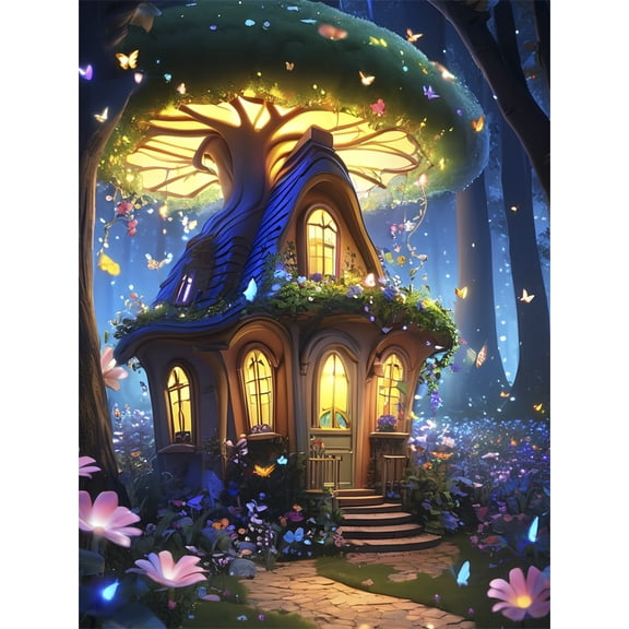 Magic Forest Butterfly Flower Diamond Art Kits for adults, Fantasy Fairy Tree House Diamond Art Kit Full Diamond Crystal Diamond Embroidery Craft Kit for Home wall decoration Inch12X16
