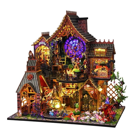 Magic Forest House DIY Mini Castle Model Kit, 3D Wooden Puzzle with LED Lights & Dust Cover, Fantasy Miniature House Craft Kit, Gift for Adults & Craft Enthusiasts