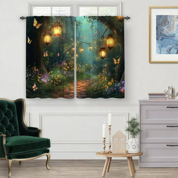 Magic Forest Kitchen Curtains Cafe Curtains for Bathroom Dining Room Living Room Pocket Window Drapes 2 Panels Set 28"x40"