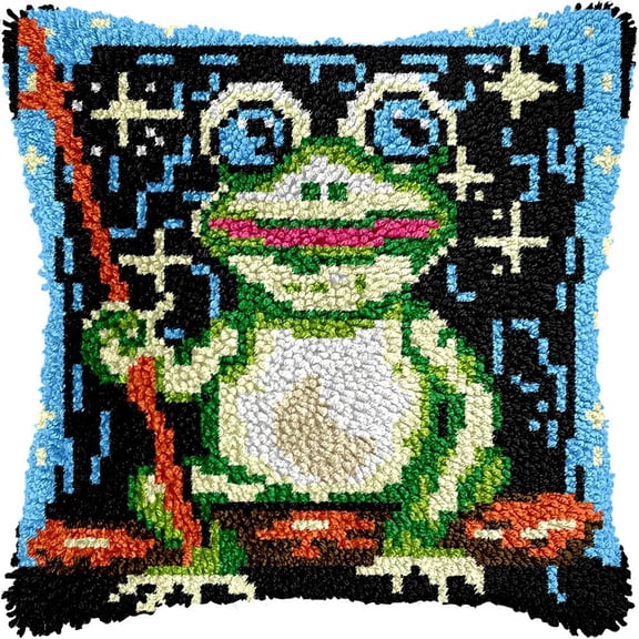 Magic Frog Latch Hook Pillow Kits for DIY Throw Pillow Cushion Embroidery Latch Hooking Pillowcase Kits with Preprinted Canvas Crochet Yarn Kits for Home Decor 17''X 17''(d319)