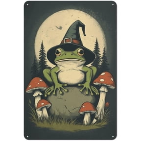 Magic Frog Wizard Metal Wall Sign With Witch Hat And Full Moon, Starry Night Sky Tin Decor, 12 x 8 Inches