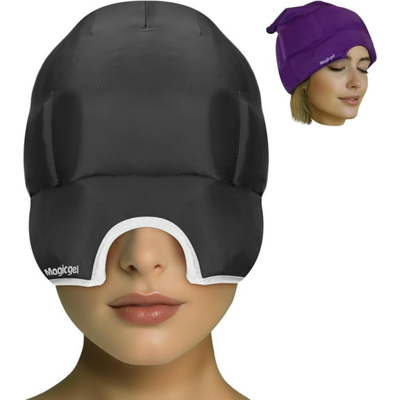Magic Gel Migraine Ice Head Wrap | Real Migraine & Headache Relief | The Original Headache Cap | Cold, Comfortable, Dark & Cool; Endorsed by Physicians, Loved by Thousands - (2 Pack, Black & Purple)