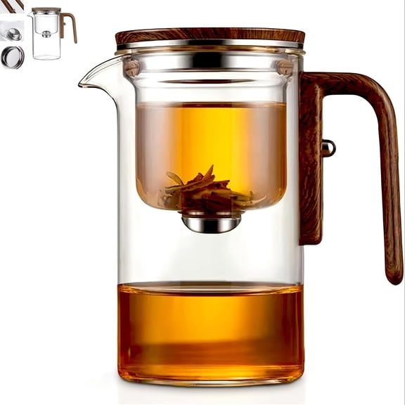 Magic Glass Teapot with Wooden Handle, Press Type Water Separation Tea Pot with Removable Infuser Filter, 520ml Heat Resistant Glass Teapot for Flower Tea & Loose Leaf Tea