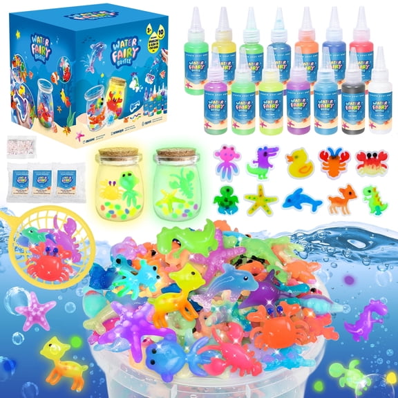 Magic Glow-in-The-Dark Gel Water Fairy Toy Kit with 14 Gels and 10 Sea Creature Molds, Aqua DIY Elf Set, Creativity DIY Craft Gift for Kids Age 3+