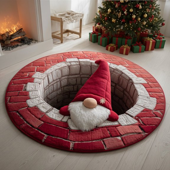 Magic Gnome Quilted Round Mat, 3D Optical Illusion Fantasy Rug, Garden Gnome Floor Mat, Whimsical Home Decor, Indoor Outdoor Area Rug