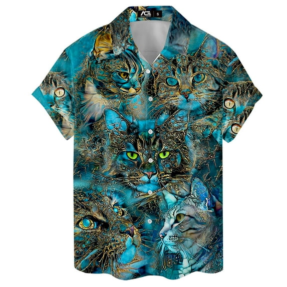 Magic Golden Art Cat Hawaiian Shirt For Men Vintage Cat Lovers Gifts Mens Hawaiian Shirts Short Sleeve Button Down Shirt Men