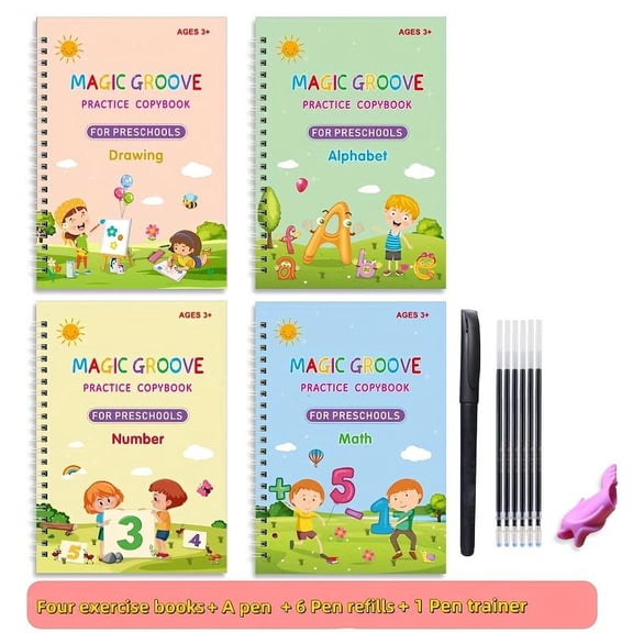 Magic Groove Practice Copybook Set with Magic Pen, 10 Refills, Silicone Grip, 4 Count