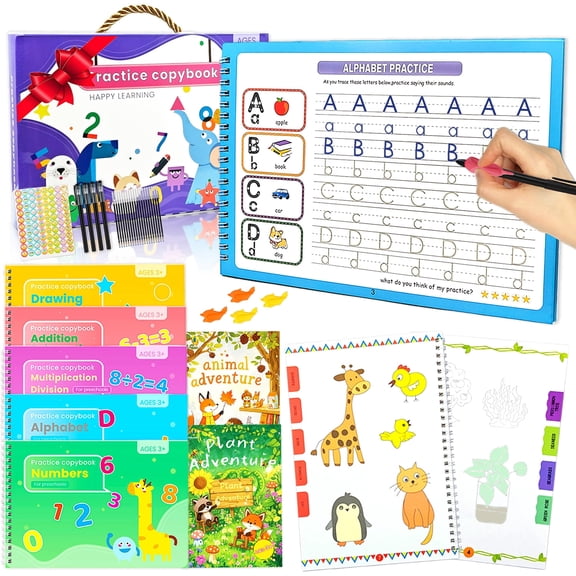 Applicable to For Ages 3-8 Magic Grooved Writing Practice Books For Kids,Reusable Letters And Numbers Grooved Handwriting Workbooks,Kindergarten Children Learning activities,Large Preschool Writing