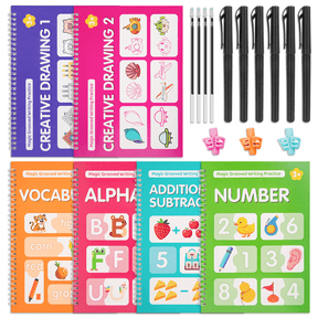 Magic Grooved Writing Practice Books, Tracing Books, Number Letter Grooved Handwriting Copybook, Reusable, 6-Books