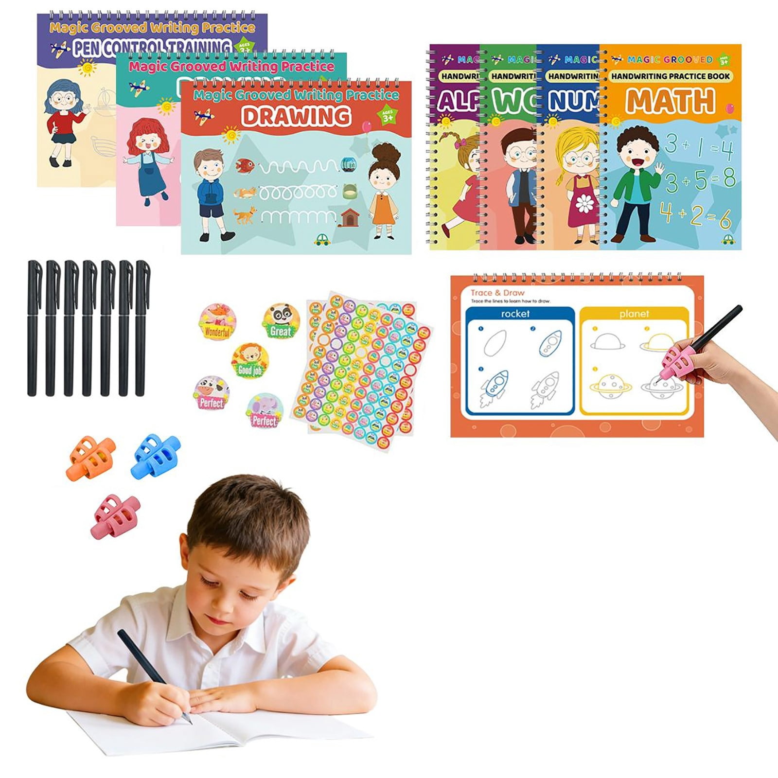 Magic Grooved Writing Practice, Handwriting Practice Copybook, Reusable Tracing Workbooks with Auto-Disappearing Ink, Template Design, Suitable for Learning