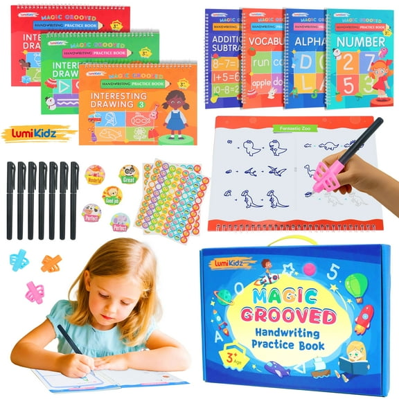 Magic Grooved Writing Practice for Kids Ages 3-8, Reusable Grooved Handwriting WorkbooksLarge-Scale Writing Workbook, Kindergarten Workbook, 10.24 x 7.29 inches (7 Books + Pens)