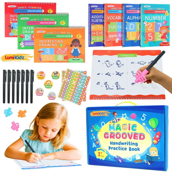 Magic Grooved Writing Practice for Kids Ages 3-8, Reusable Grooved Handwriting Workbooks,Large-Scale Writing Workbook, Kindergarten Workbook, 10.24 x 7.29 inches (7 Books + Pens)
