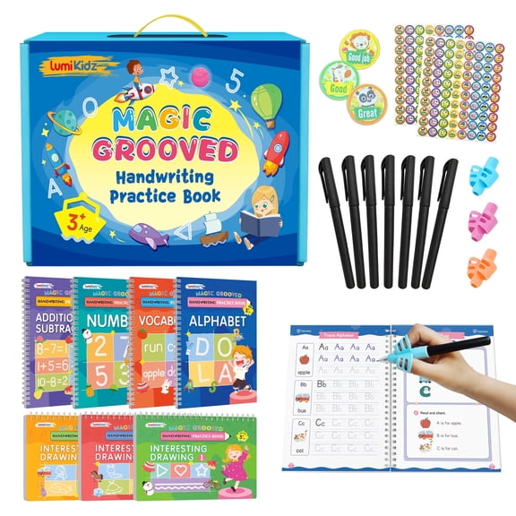 Magic Grooved Writing Practice for Kids Ages 3-8, Reusable Grooved Handwriting Workbooks,Large-Scale Writing Workbook, Kindergarten Workbook, 10.24 x 7.29 inches (7 Books + Pens)