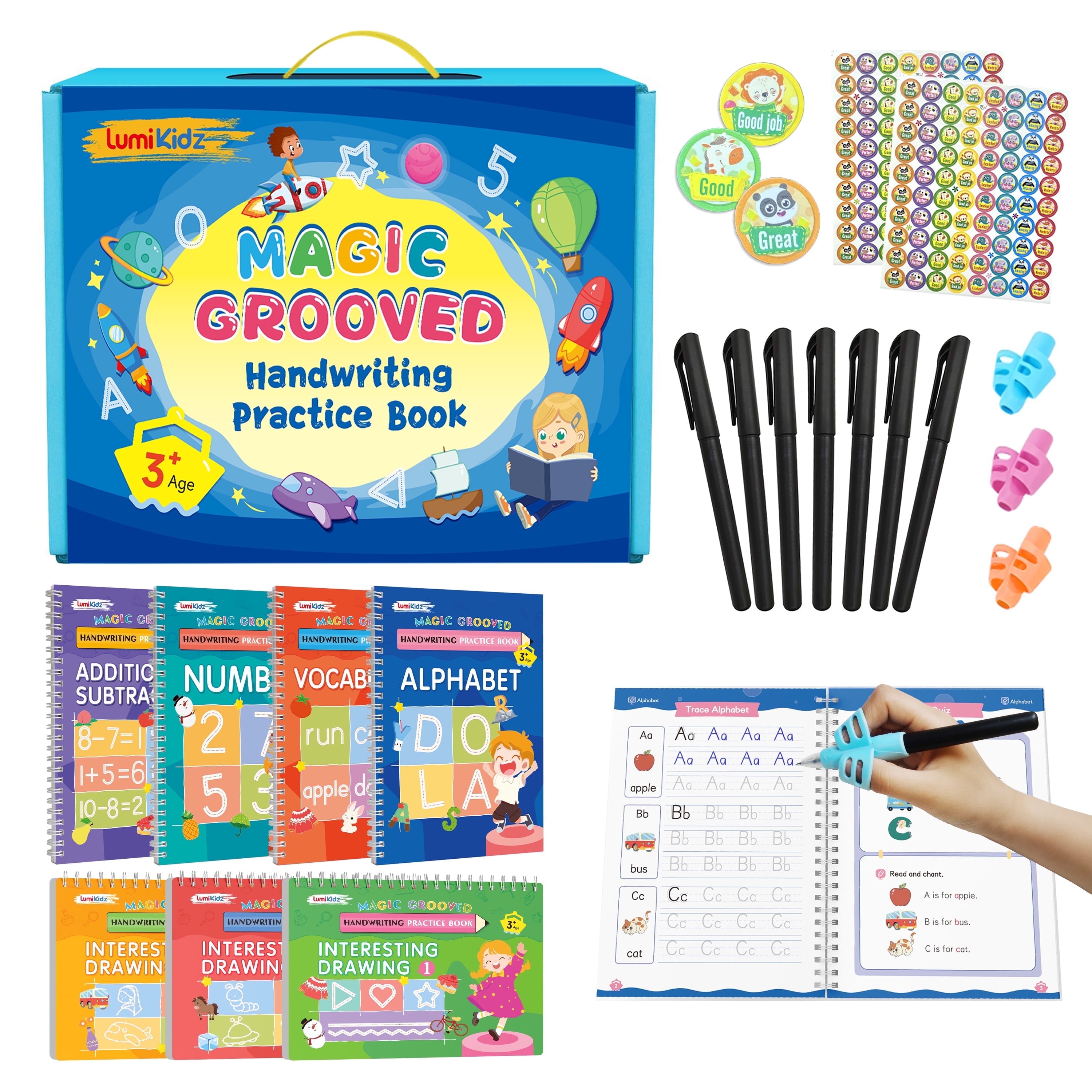 Magic Grooved Writing Practice for Kids Ages 3-8, Reusable Grooved Handwriting Workbooks，Large-Scale Writing Workbook, Kindergarten Workbook, 10.24 x 7.29 inches (7 Books + Pens)