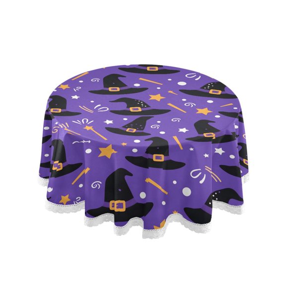 Magic Hat Pattern Round Lace Tablecloth 60 Inch Polyester Wrinkle Resistant Decorative