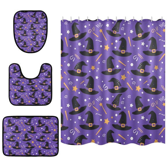 Magic Hat Pattern Shower Curtain Sets 4 Piece Waterproof Bathroom Set with Non Slip Mats 66x72in
