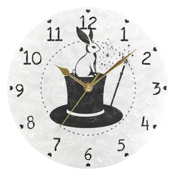 Magic Hat Rabbit Round Wall Clock Silent Analog Battery Operated Gold Pointer Home Decor 9.84" Diameter