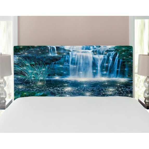 Magic Headboard, and Cascade at the Night on the Water Fresh Landscape Image Print, Upholstered Decorative Metal Bed Headboard with Memory Foam, Full Size, Grey Green, by Ambesonne