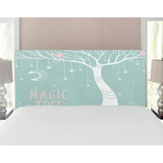 Magic Headboard, Magic Plant with Stars and Moon Hanging on Branches Simplistic Illustration, Upholstered Decorative Metal Bed Headboard with Memory Foam, Full Size, Almond Green White, by Ambesonne